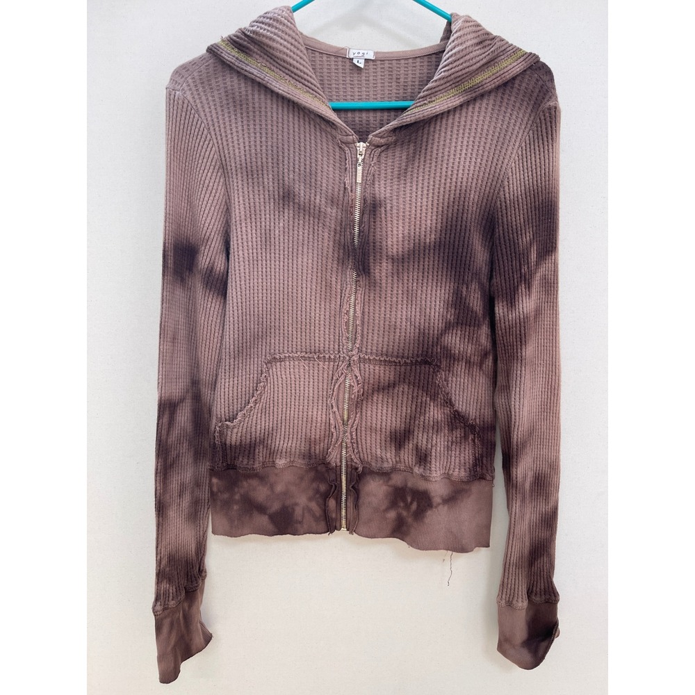 Yogi Brown Tie Dye Waffle Knit Hoodie Silver Foil Damask Graphic Zip Up Large